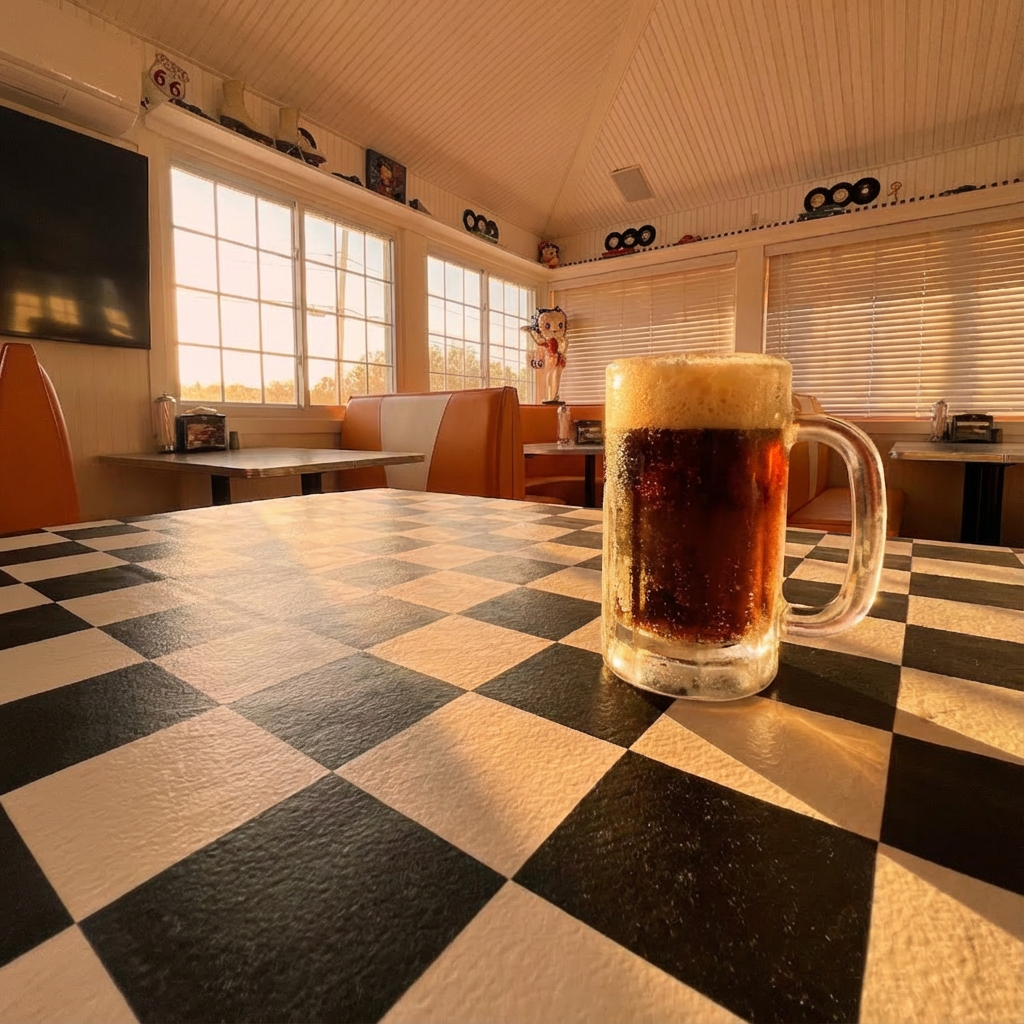 Stewart's signature root beer float in a frosted mug with waterfront dock views